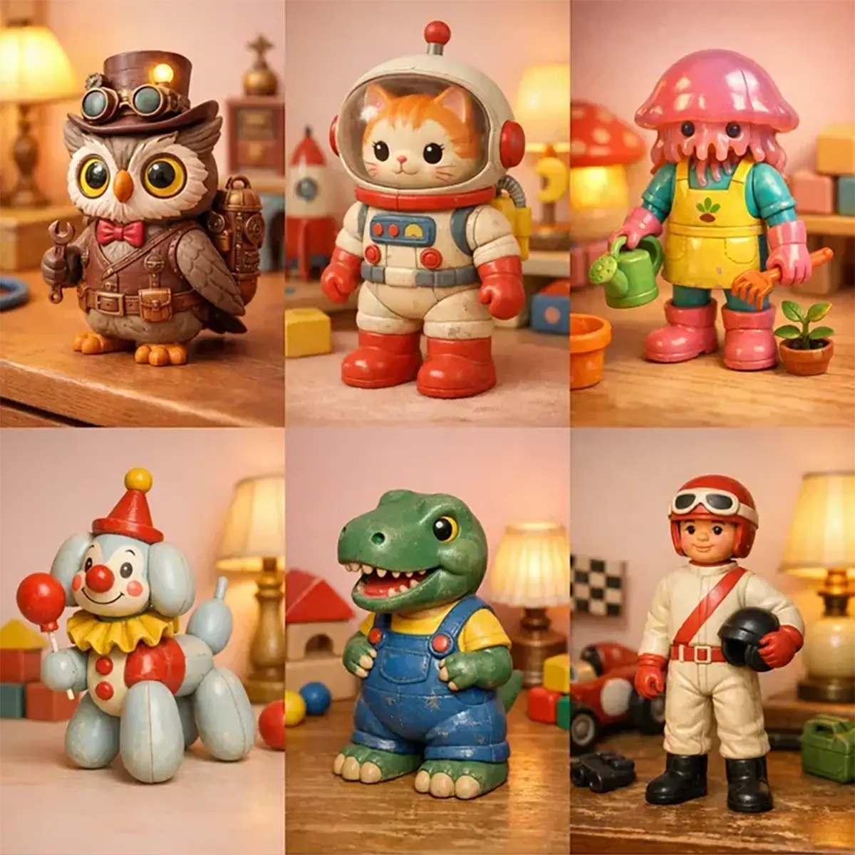 Example output from the Retro 3D Toy Character Figures ChatGPT prompt: a six-panel grid of vintage-style plastic toy figures photographed on a wooden desk in warm lamplight, showing an owl inventor, astronaut cat, jellyfish gardener, balloon dog clown, T-rex and race car driver.