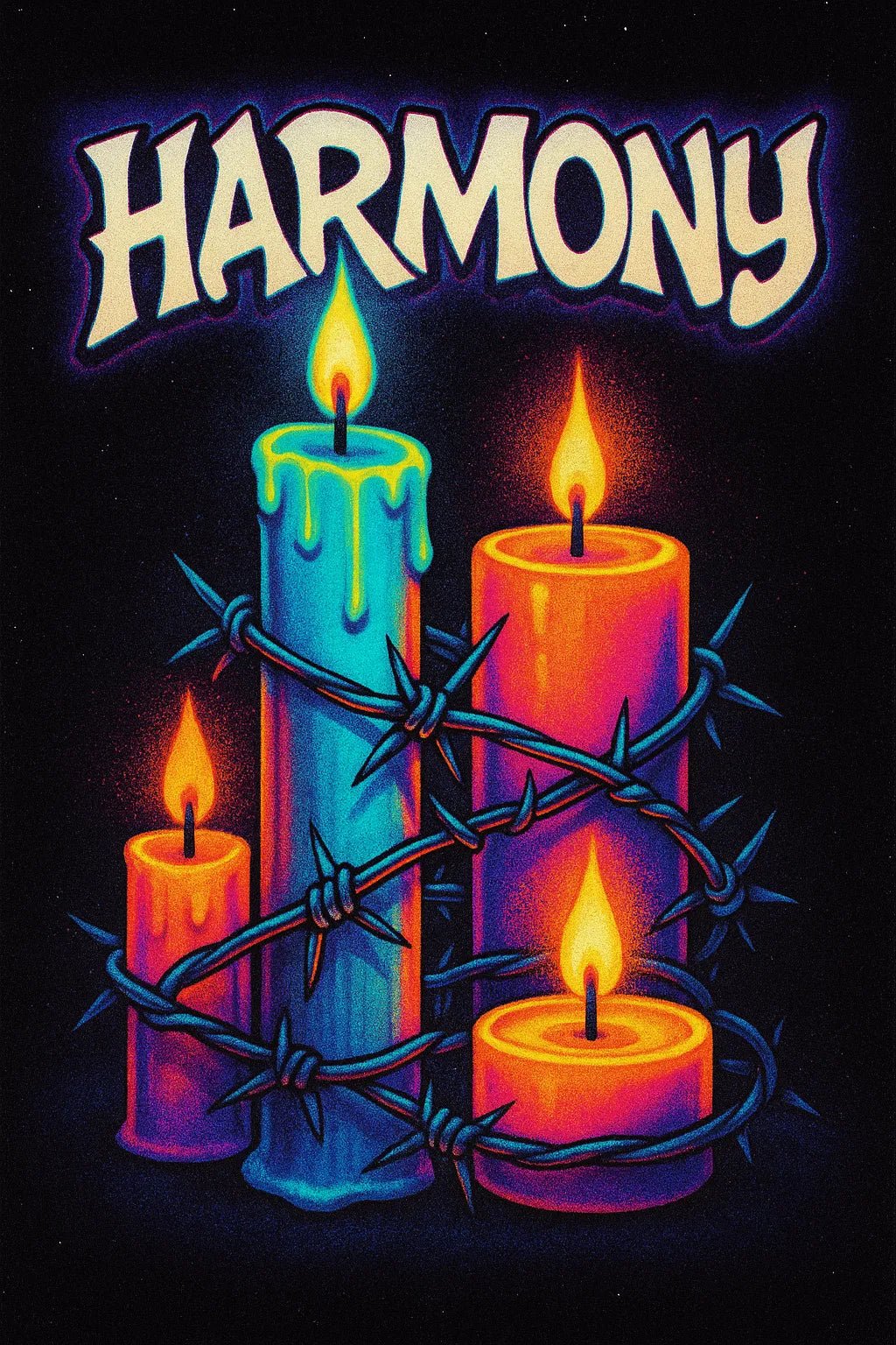 Example of retro-futuristic neon poster featuring glowing titles set against dynamic portrait and scene: harmony.