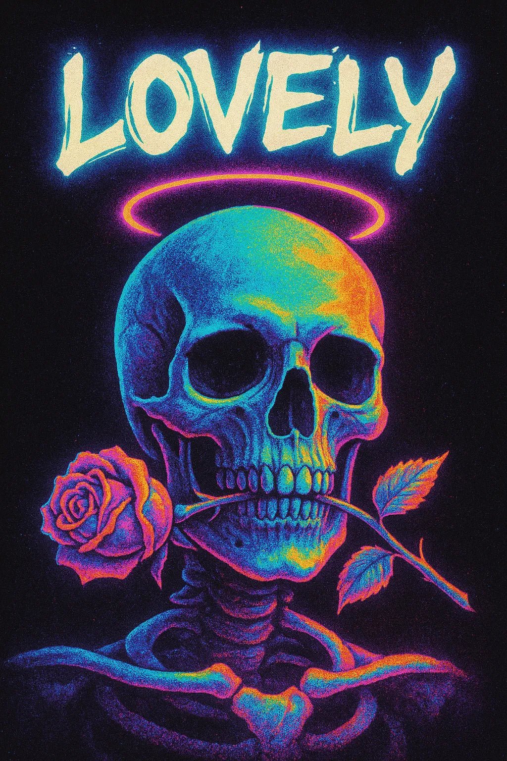 Example of retro-futuristic neon poster featuring glowing titles set against dynamic portrait and scene: lovely.