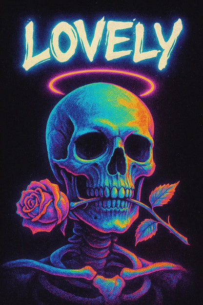 Example of retro-futuristic neon poster featuring glowing titles set against dynamic portrait and scene: lovely.