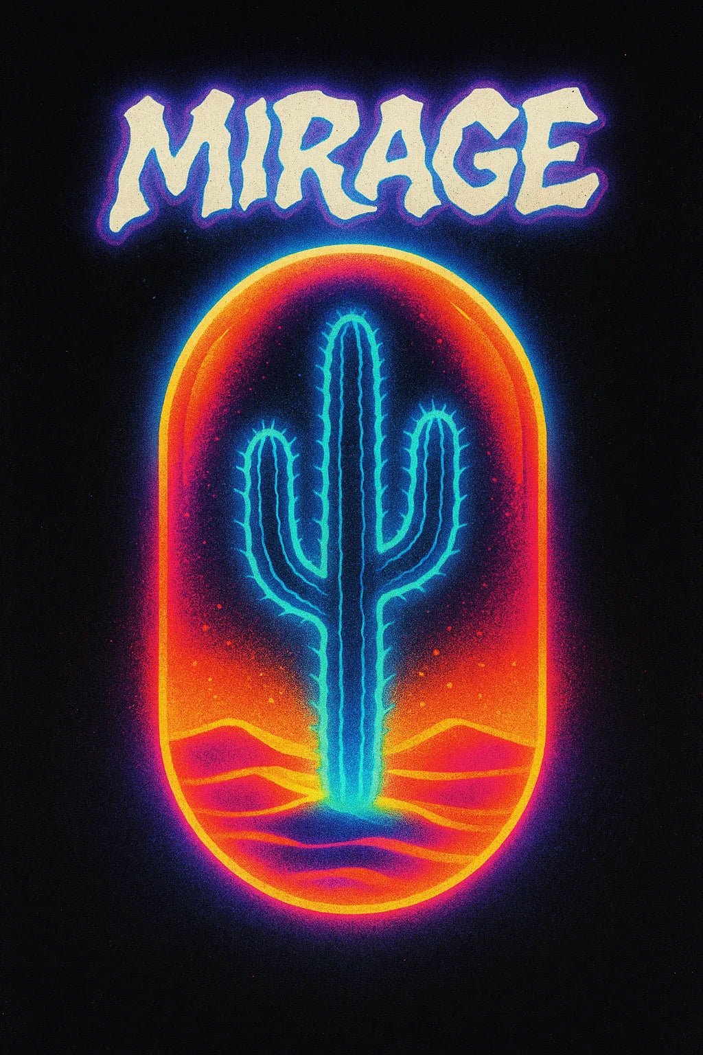 Example of retro-futuristic neon poster featuring glowing titles set against dynamic portrait and scene: mirage.