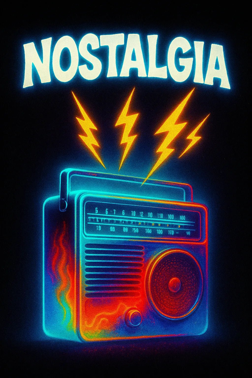 Example of retro-futuristic neon poster featuring glowing titles set against dynamic portrait and scene: noltagia.