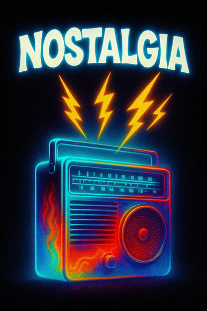 Example of retro-futuristic neon poster featuring glowing titles set against dynamic portrait and scene: noltagia.