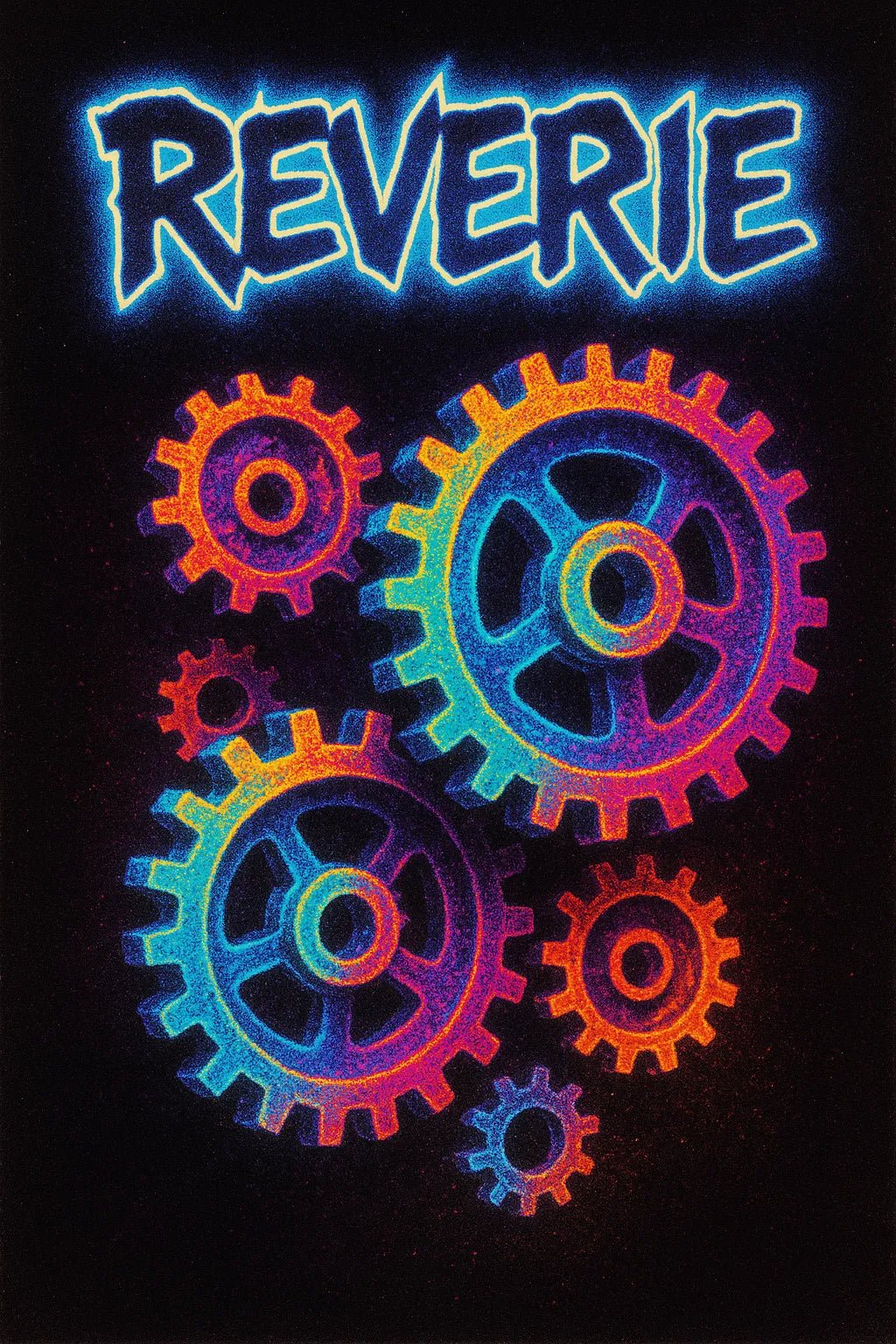 Example of retro-futuristic neon poster featuring glowing titles set against dynamic portrait and scene: reverie.