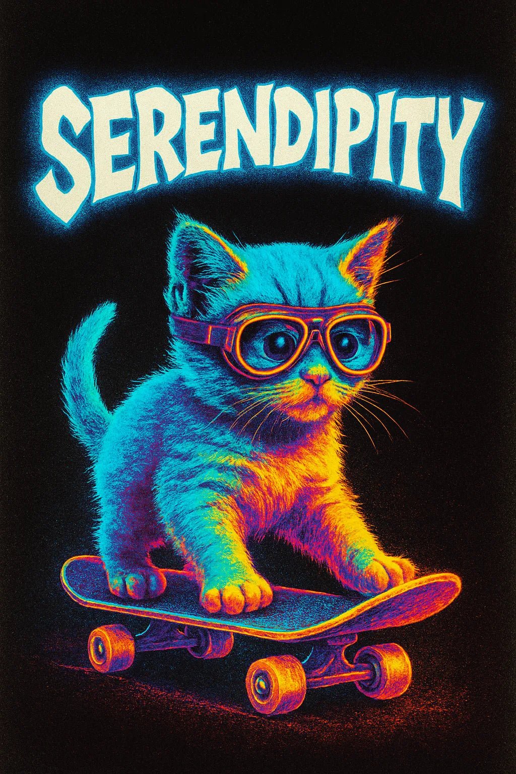 Example of retro-futuristic neon poster featuring glowing titles set against dynamic portrait and scene: serenpity.