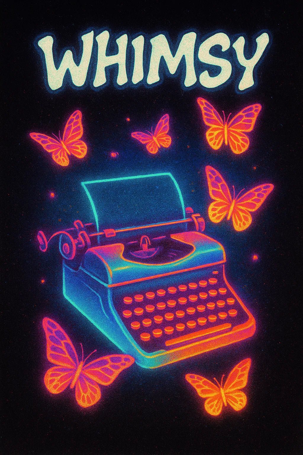 Example of retro-futuristic neon poster featuring glowing titles set against dynamic portrait and scene: whimsy.
