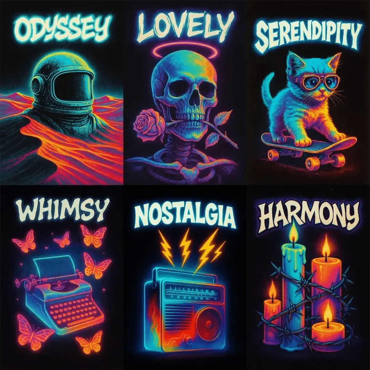 Example of a 3×3 grid of retro-futuristic neon posters featuring glowing titles set against dynamic portraits and scenes, with bold color contrasts, film-grain texture, and vibrant street-art style.