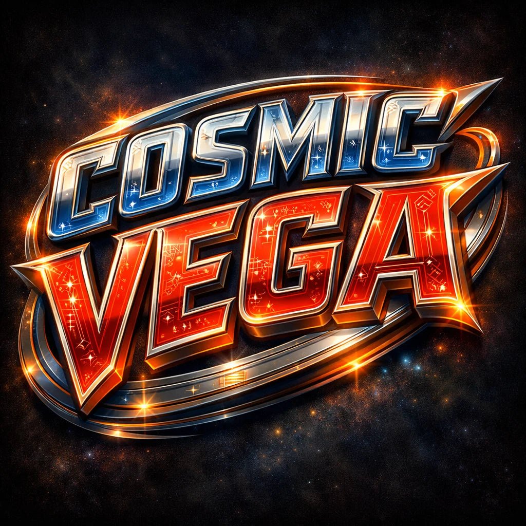 Retro futurist 3D logo design with cinematic sci-fi typography and glowing metallic effect: Cosmic Vega
