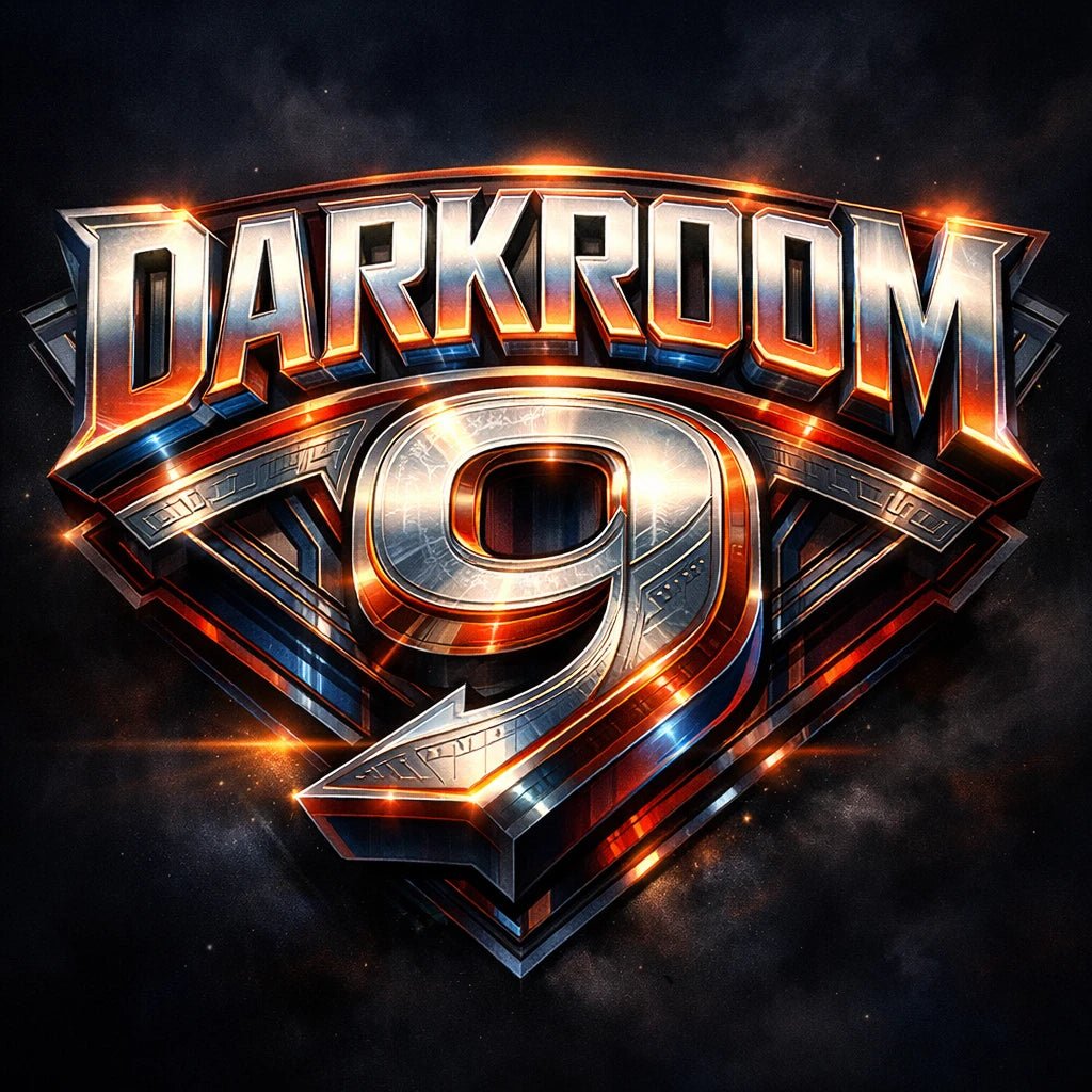 Retro futurist 3D logo design with cinematic sci-fi typography and glowing metallic effect: Darkroom 9