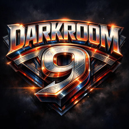 Retro futurist 3D logo design with cinematic sci-fi typography and glowing metallic effect: Darkroom 9