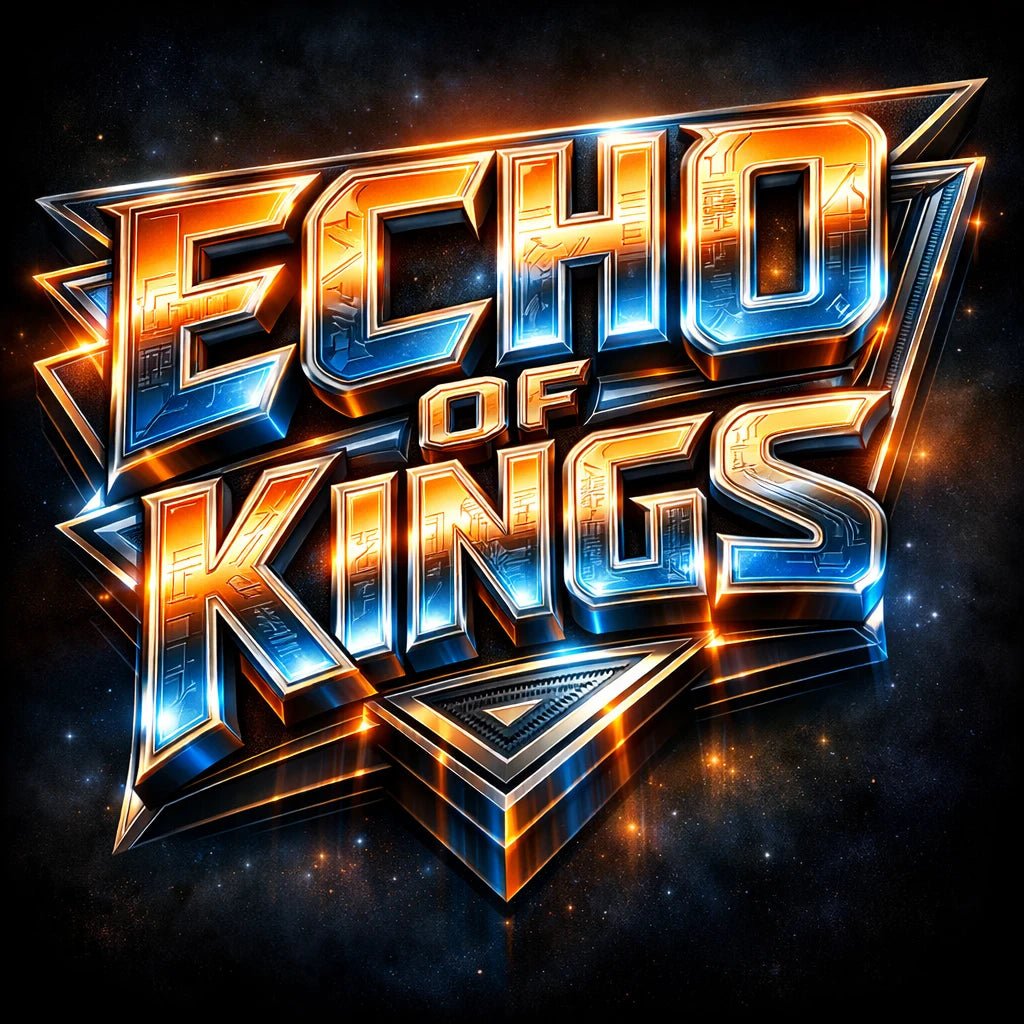 Retro futurist 3D logo design with cinematic sci-fi typography and glowing metallic effect: Echo of Kings