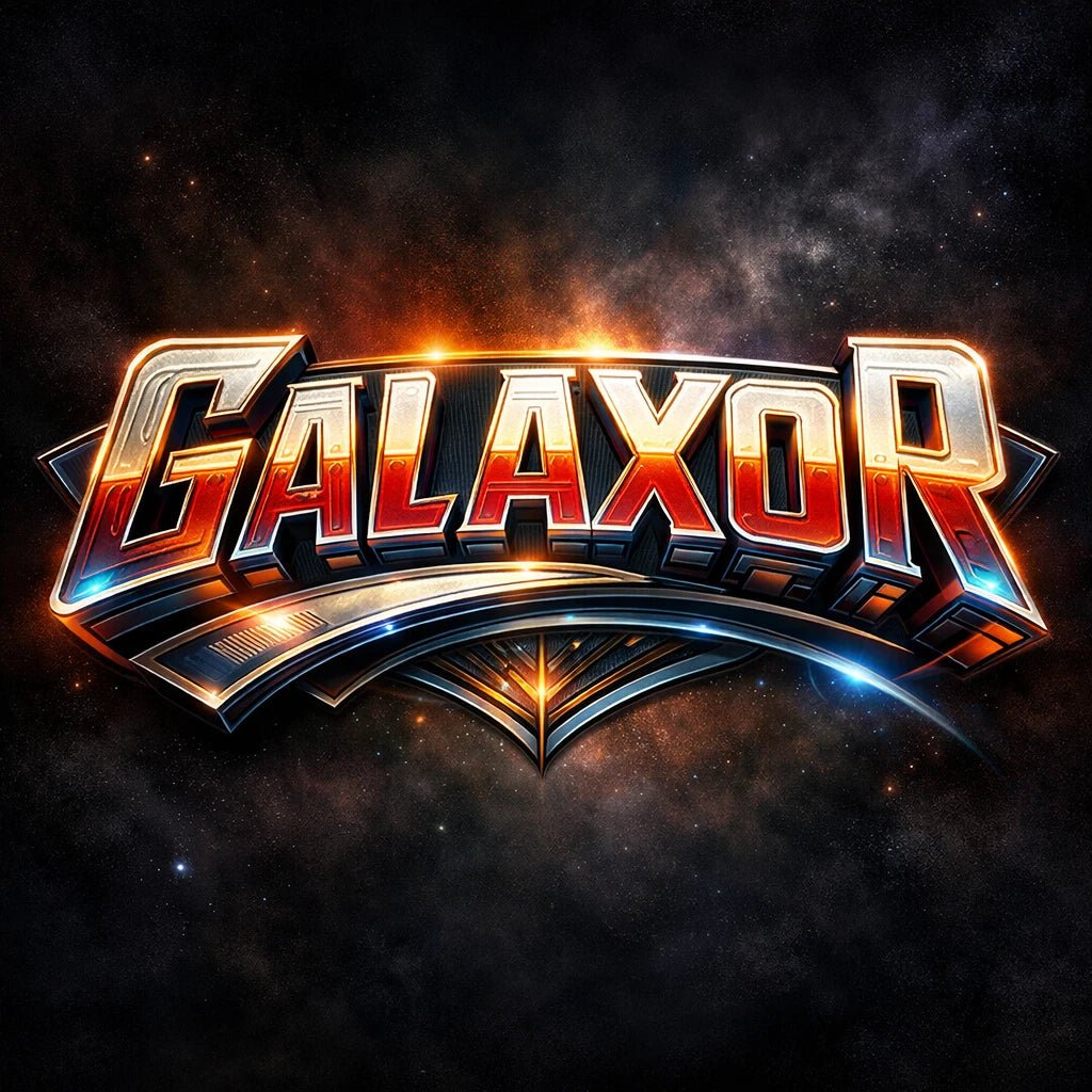 Retro futurist 3D logo design with cinematic sci-fi typography and glowing metallic effect: Galaxor