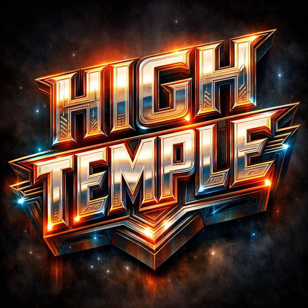 Retro futurist 3D logo design with cinematic sci-fi typography and glowing metallic effect: High Temple