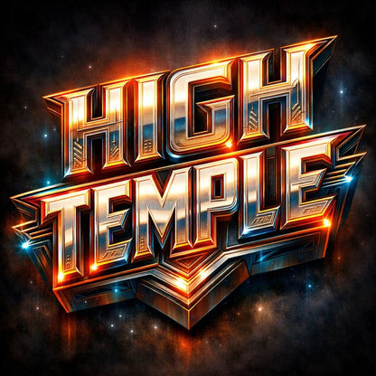Retro futurist 3D logo design with cinematic sci-fi typography and glowing metallic effect: High Temple