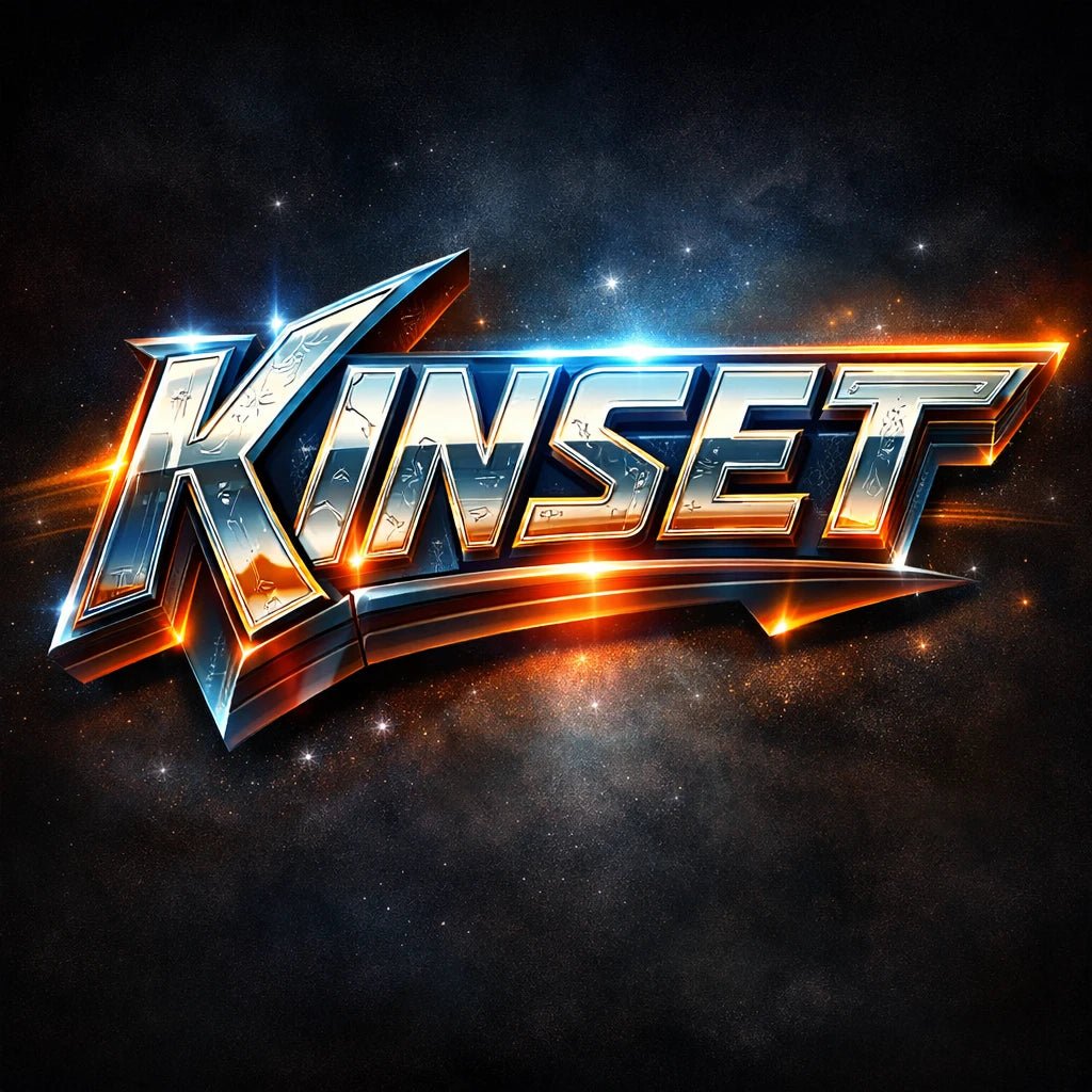 Retro futurist 3D logo design with cinematic sci-fi typography and glowing metallic effect: Kinset