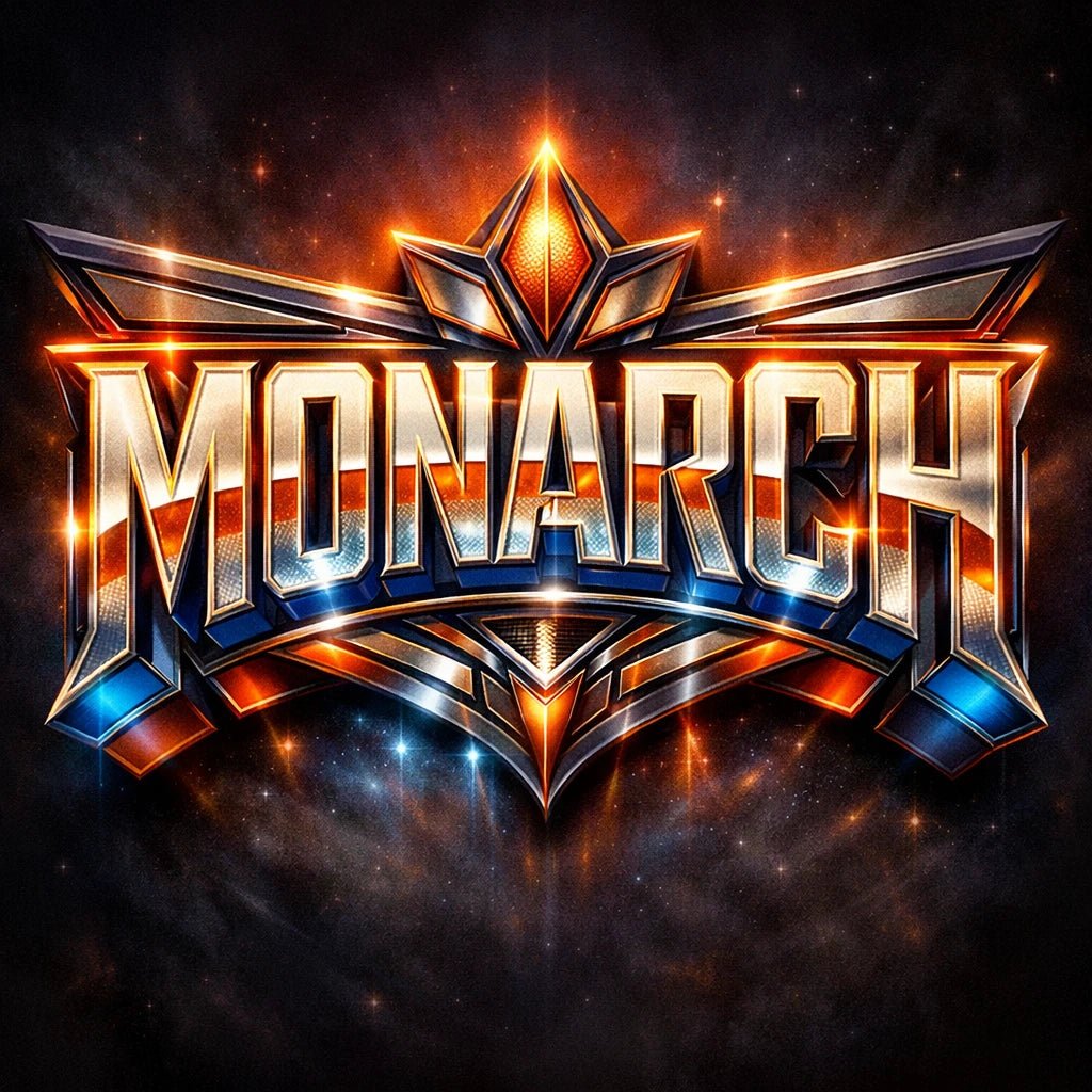 Retro futurist 3D logo design with cinematic sci-fi typography and glowing metallic effect: Monarch