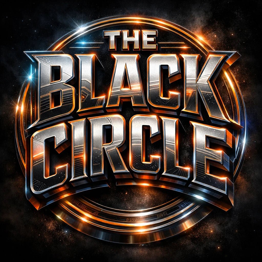 Retro futurist 3D logo design with cinematic sci-fi typography and glowing metallic effect: The Black Circle
