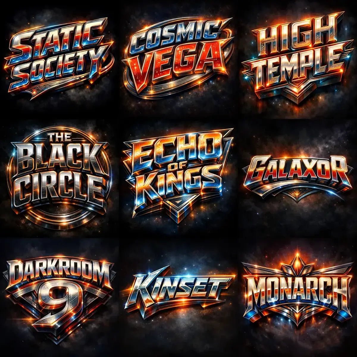 Collage of nine Retro futurist 3D logo designs with cinematic sci-fi typography and glowing metallic effects