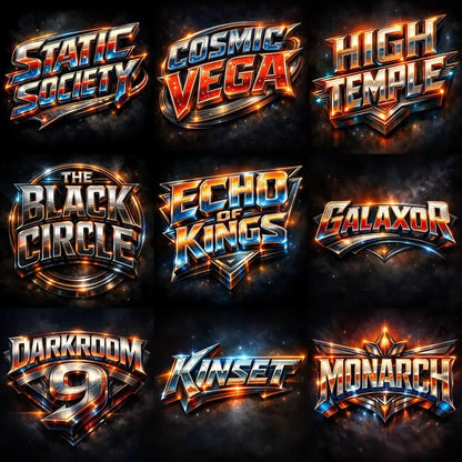 Collage of nine Retro futurist 3D logo designs with cinematic sci-fi typography and glowing metallic effects