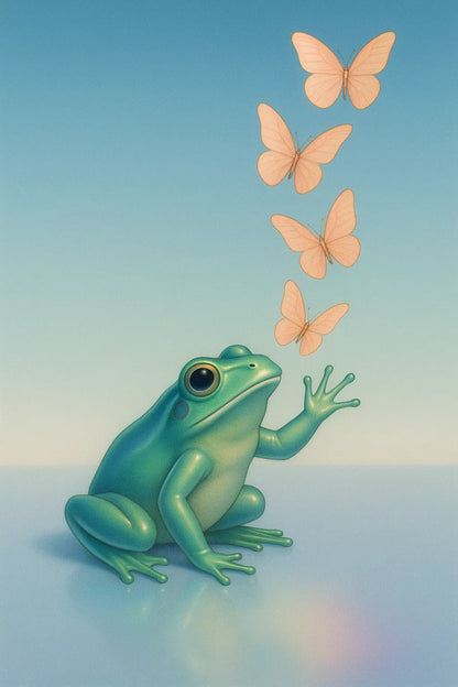 Example output from the Retro Futuristic 1980s Still Life ChatGPT prompt: Frog and Butterflies