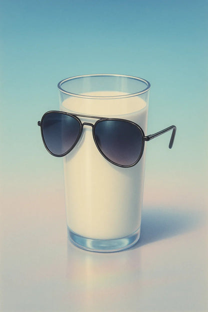 Example output from the Retro Futuristic 1980s Still Life ChatGPT prompt: Milk with Sunglasses