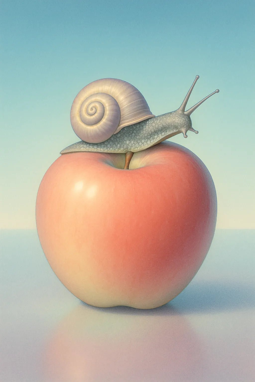 Example output from the Retro Futuristic 1980s Still Life ChatGPT prompt: Snail on Apple