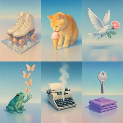 Example output from the Retro Futuristic 1980s Still Life ChatGPT prompt: six pastel airbrush still lifes roller skates, cat with ice cream, dove with rose, frog with butterflies, steaming typewriter, key and folded cloth.