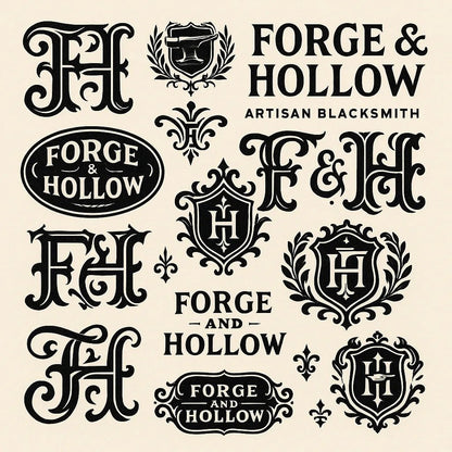 Example output from the Retro Logo Badge Showcases For Brands ChatGPT prompt: curated gallery of vintage-style logo emblems, monograms, and crests in an asymmetrical grid with high-contrast black-and-white style. Forge & Hollow.