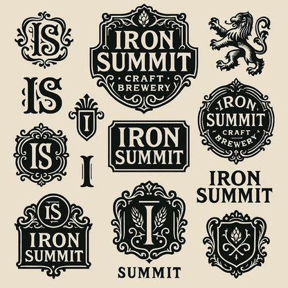 Example output from the Retro Logo Badge Showcases For Brands ChatGPT prompt: curated gallery of vintage-style logo emblems, monograms, and crests in an asymmetrical grid with high-contrast black-and-white style. Iron Summit.