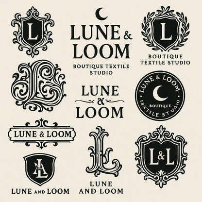 Example output from the Retro Logo Badge Showcases For Brands ChatGPT prompt: curated gallery of vintage-style logo emblems, monograms, and crests in an asymmetrical grid with high-contrast black-and-white style. Lune & Loom.