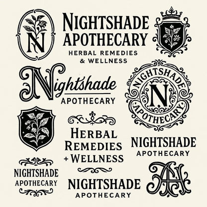 Example output from the Retro Logo Badge Showcases For Brands ChatGPT prompt: curated gallery of vintage-style logo emblems, monograms, and crests in an asymmetrical grid with high-contrast black-and-white style. Nightshade Apothecary.