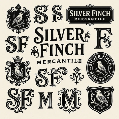 Example output from the Retro Logo Badge Showcases For Brands ChatGPT prompt: curated gallery of vintage-style logo emblems, monograms, and crests in an asymmetrical grid with high-contrast black-and-white style. Silver Finch.