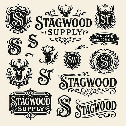Example output from the Retro Logo Badge Showcases For Brands ChatGPT prompt: curated gallery of vintage-style logo emblems, monograms, and crests in an asymmetrical grid with high-contrast black-and-white style. Stagwood Supply.