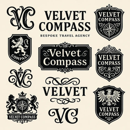 Example output from the Retro Logo Badge Showcases For Brands ChatGPT prompt: curated gallery of vintage-style logo emblems, monograms, and crests in an asymmetrical grid with high-contrast black-and-white style. Velvet Compass.