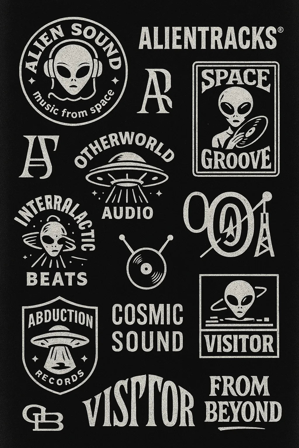 Example output from the Retro Logos Bundle Graphics Packs ChatGPT prompt: Alien Sound Record