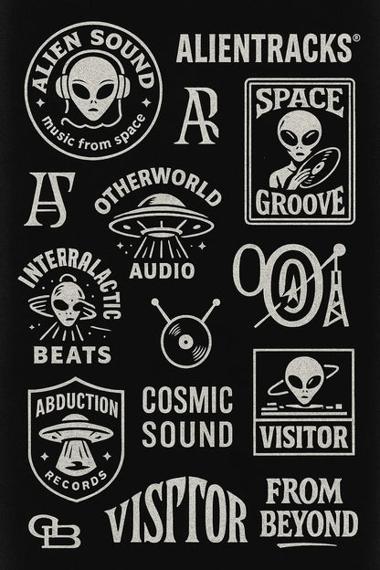 Example output from the Retro Logos Bundle Graphics Packs ChatGPT prompt: Alien Sound Record