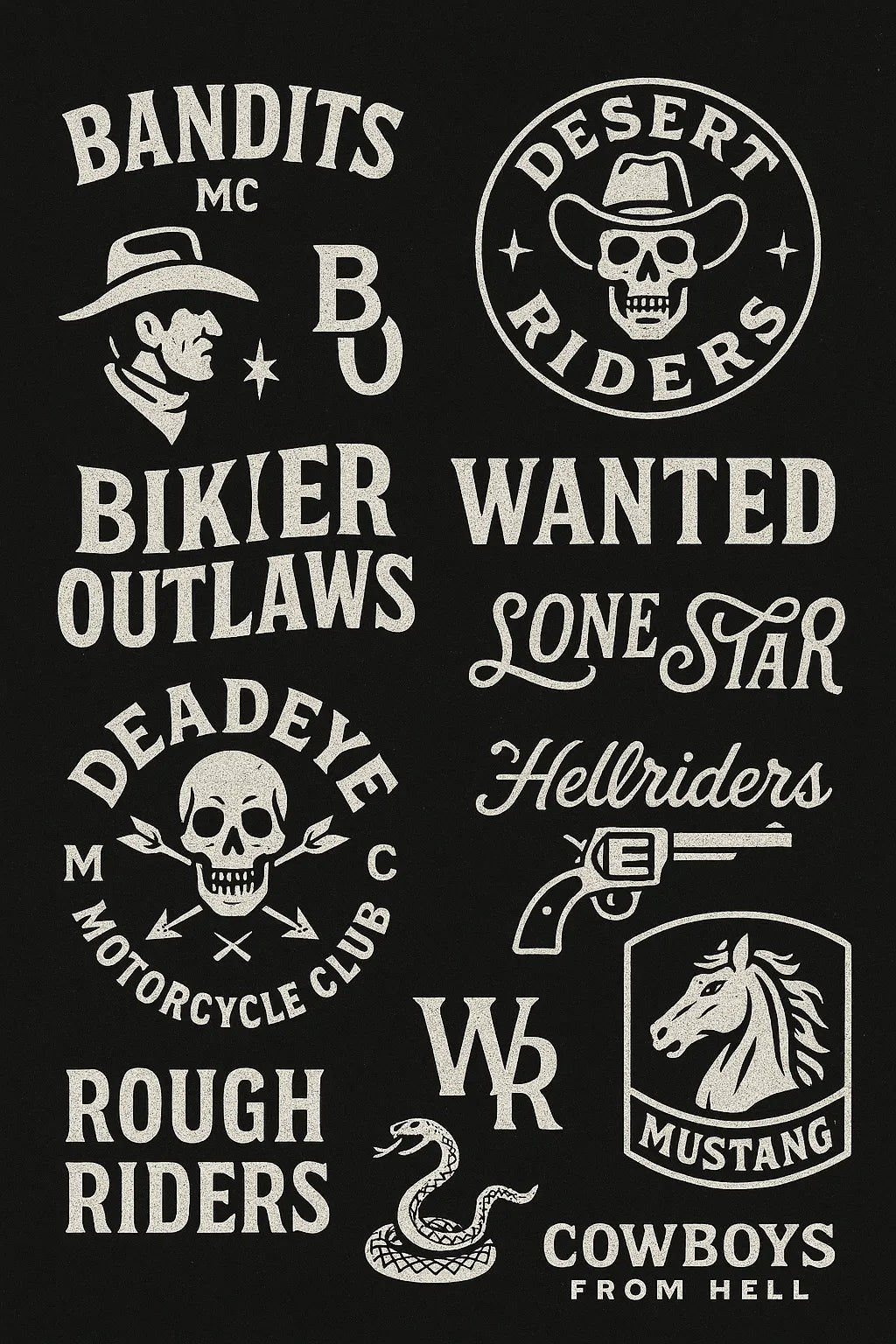 Example output from the Retro Logos Bundle Graphics Packs ChatGPT prompt: Cowboys Biker Gang