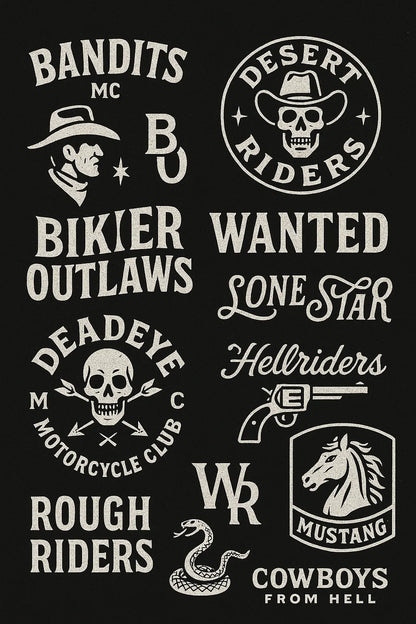 Example output from the Retro Logos Bundle Graphics Packs ChatGPT prompt: Cowboys Biker Gang