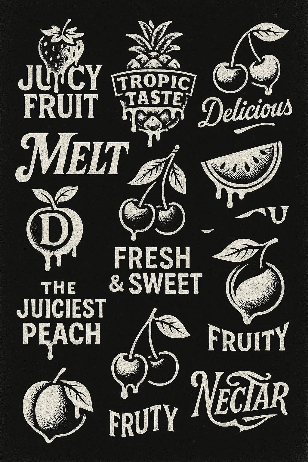 Example output from the Retro Logos Bundle Graphics Packs ChatGPT prompt: Delicious Fruits Dripping