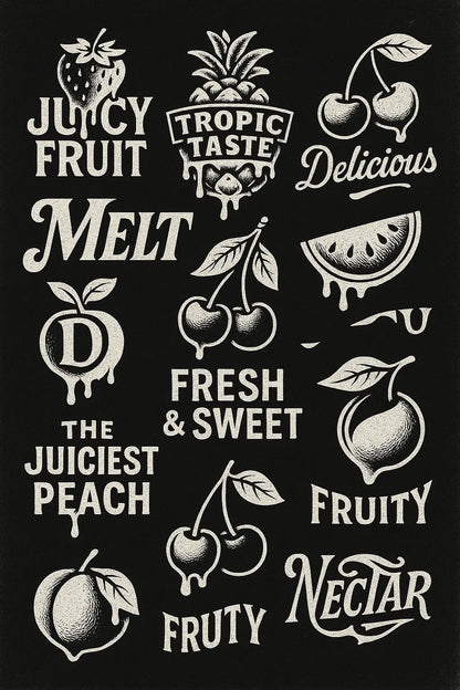 Example output from the Retro Logos Bundle Graphics Packs ChatGPT prompt: Delicious Fruits Dripping