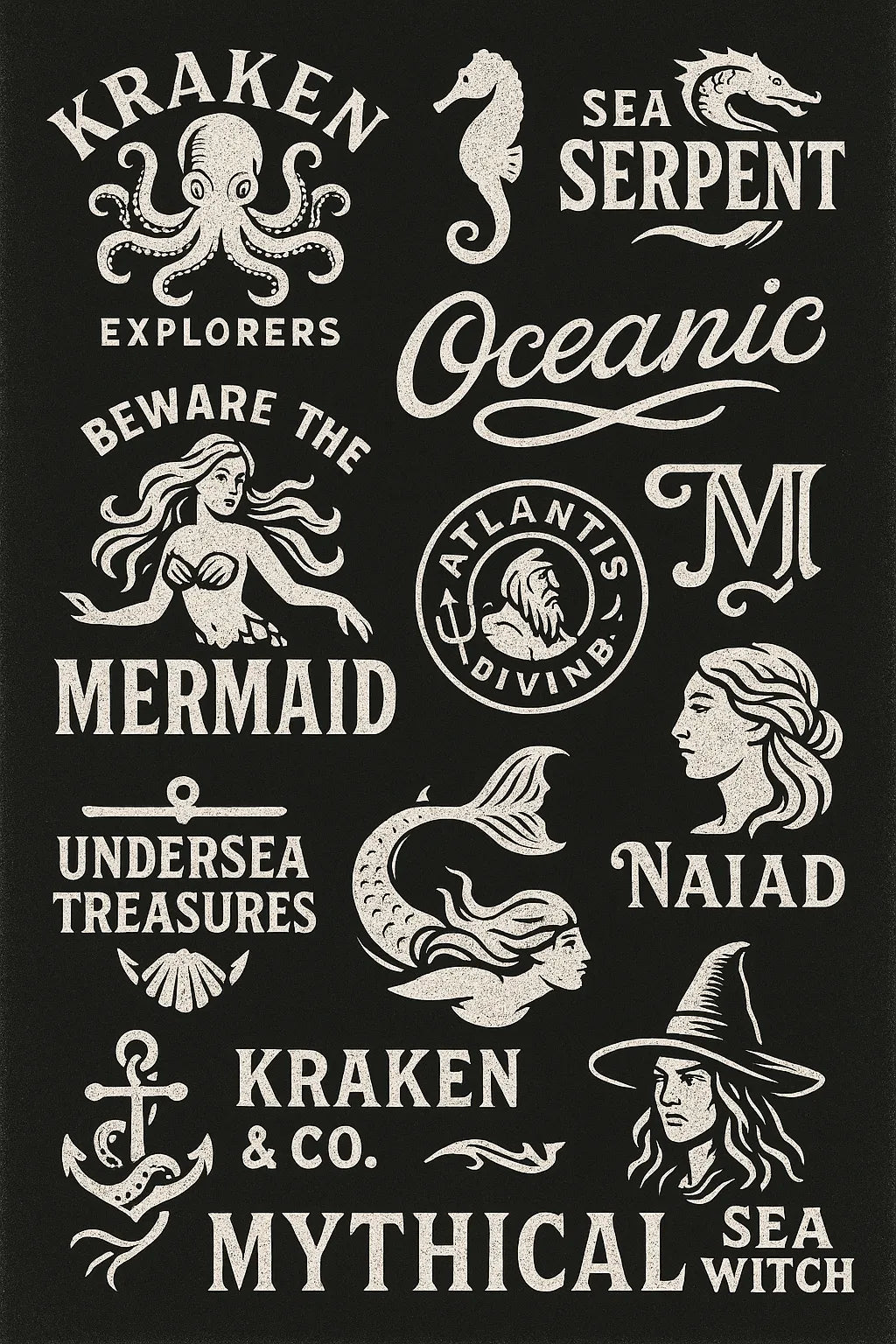 Example output from the Retro Logos Bundle Graphics Packs ChatGPT prompt: Oceanic Mythical