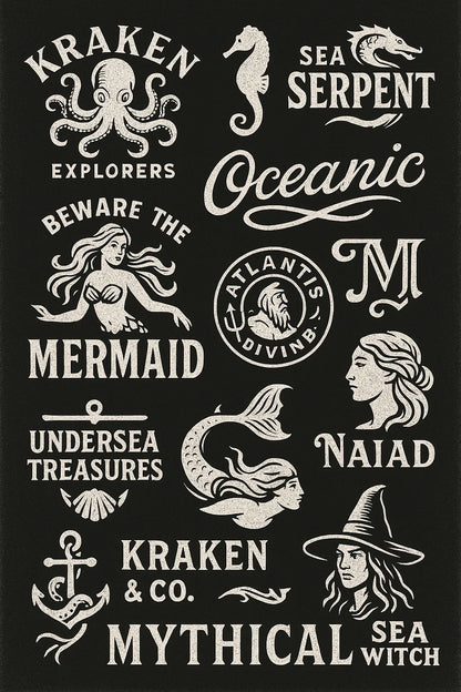 Example output from the Retro Logos Bundle Graphics Packs ChatGPT prompt: Oceanic Mythical
