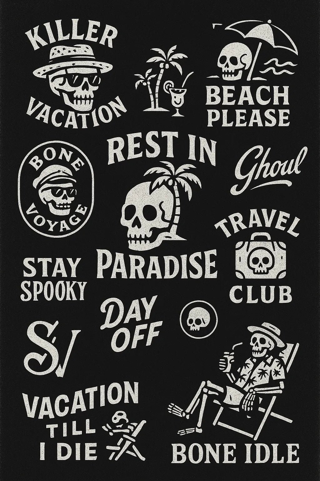 Example output from the Retro Logos Bundle Graphics Packs ChatGPT prompt: Spooky Skulls on Vacation