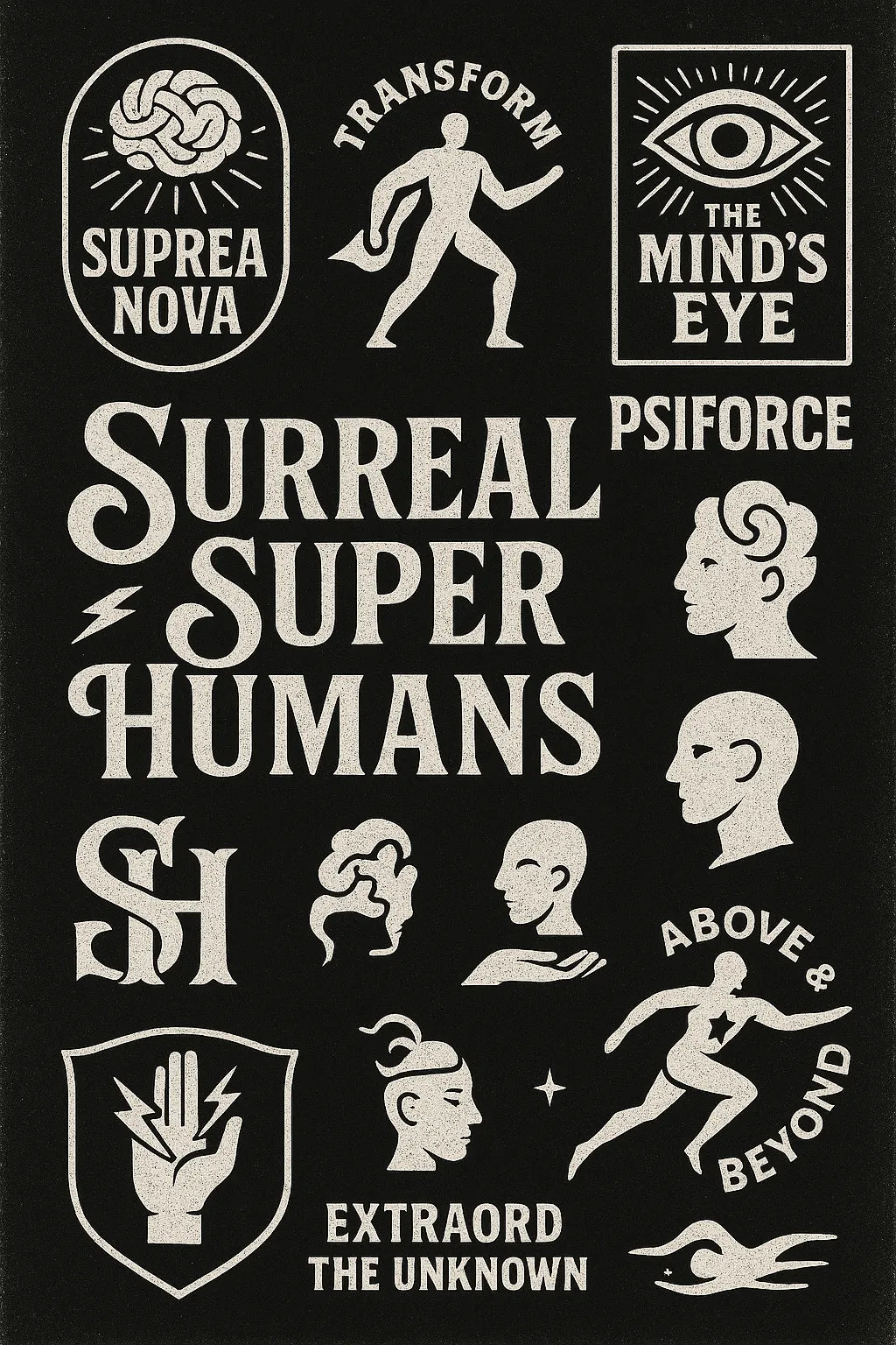Example output from the Retro Logos Bundle Graphics Packs ChatGPT prompt: Surreal Super Humans