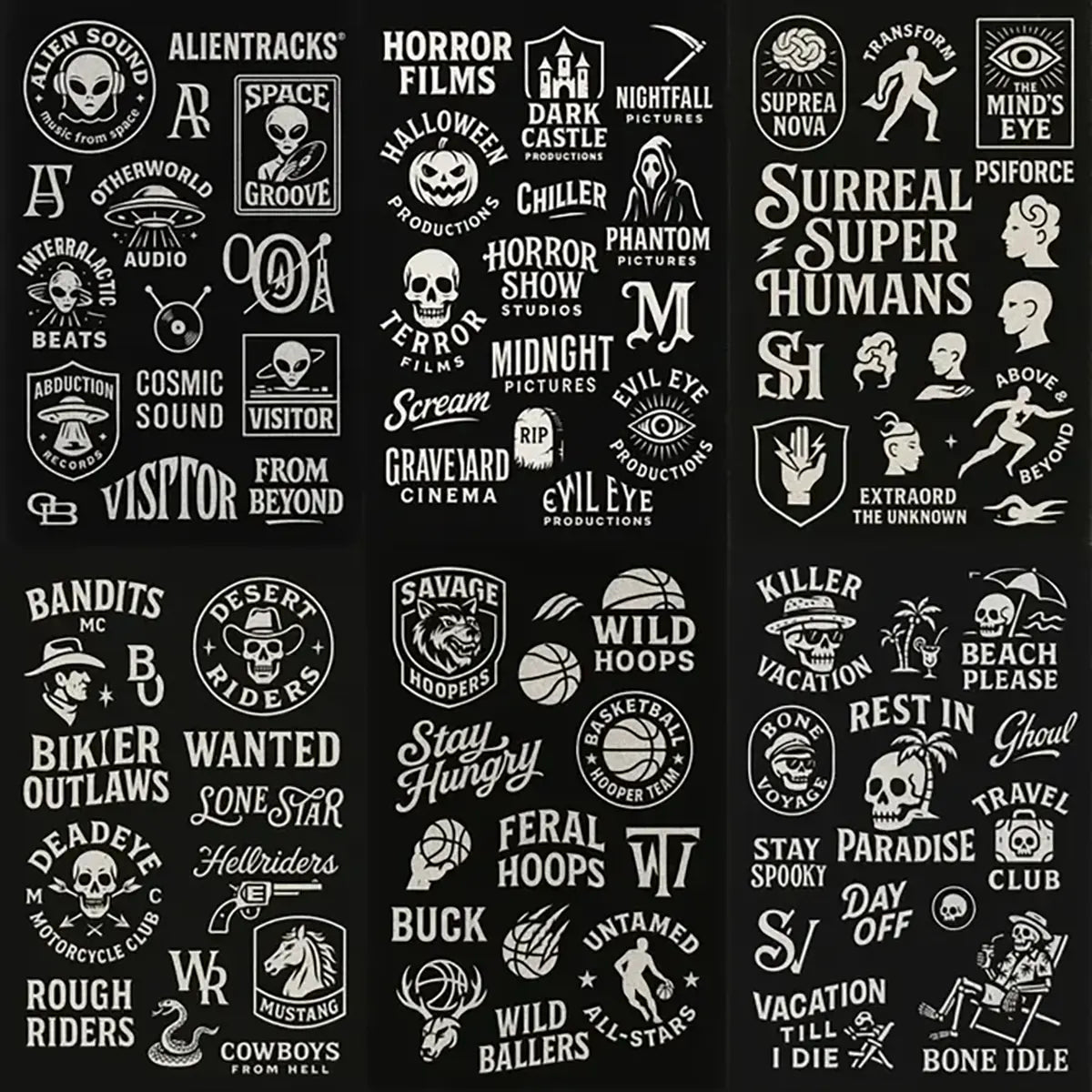 Example output from the Retro Logos Bundle Graphics Packs ChatGPT prompt: white-on-black vintage logos with retro typography, emblem marks, and screen-printed textures.