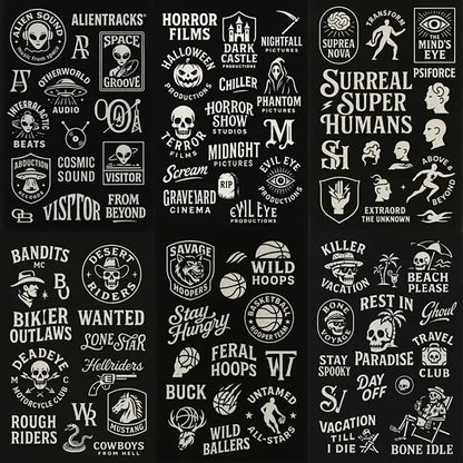 Example output from the Retro Logos Bundle Graphics Packs ChatGPT prompt: white-on-black vintage logos with retro typography, emblem marks, and screen-printed textures.