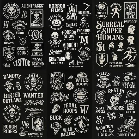 Example output from the Retro Logos Bundle Graphics Packs ChatGPT prompt: white-on-black vintage logos with retro typography, emblem marks, and screen-printed textures.