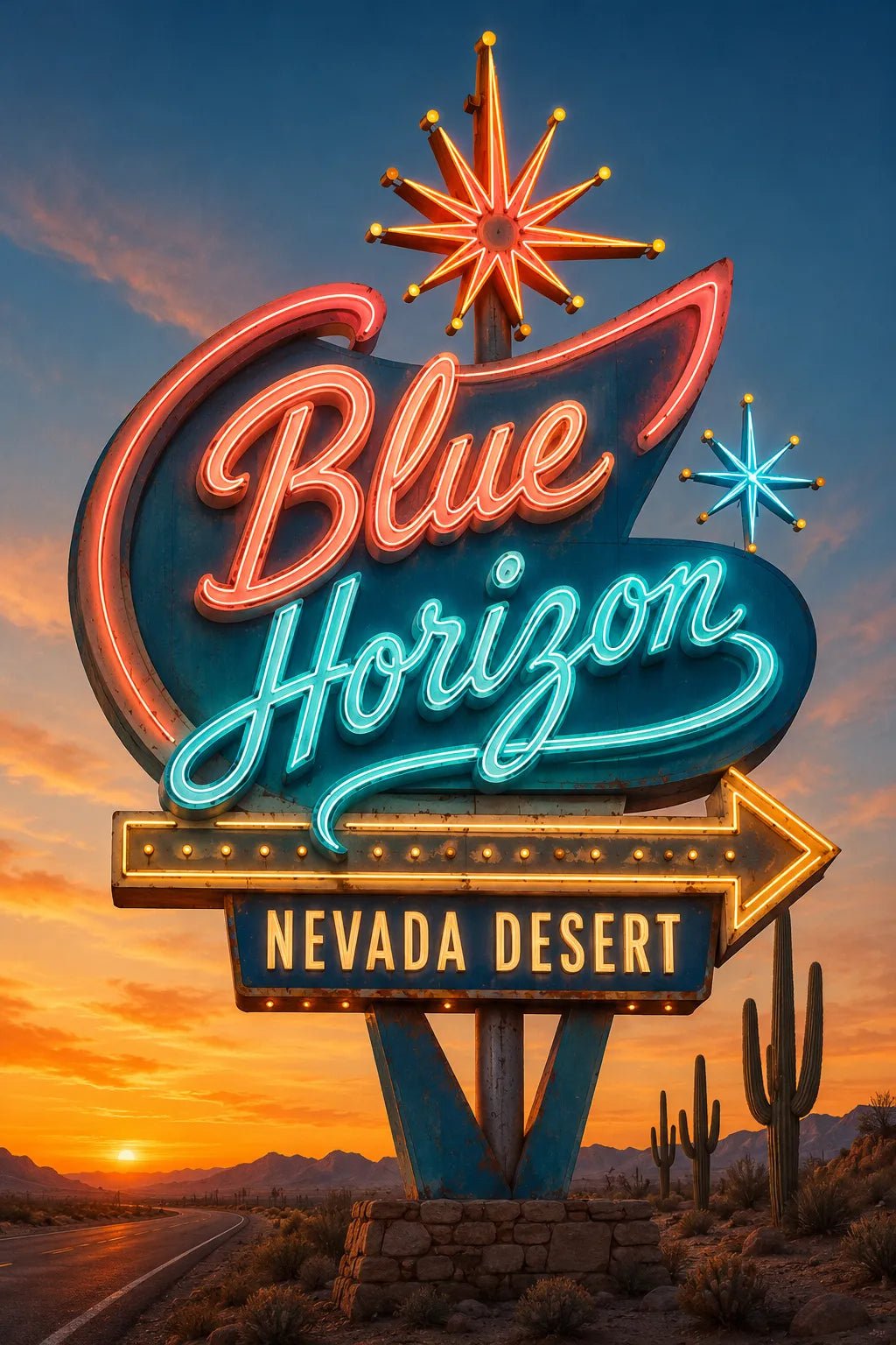 Example output from the Retro Neon Highway Signs ChatGPT prompt: a Blue Horizon vintage neon roadside sign in 1950s Americana style with rich neon lighting at sunset.