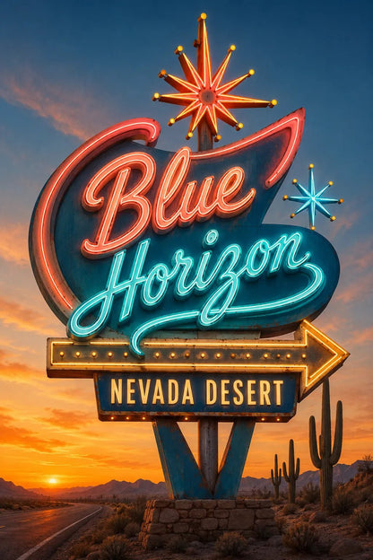Example output from the Retro Neon Highway Signs ChatGPT prompt: a Blue Horizon vintage neon roadside sign in 1950s Americana style with rich neon lighting at sunset.