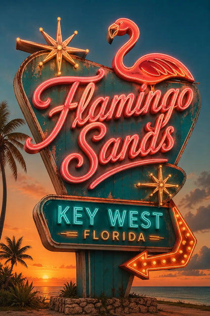 Example output from the Retro Neon Highway Signs ChatGPT prompt: a Flamingo Sands neon sign with a pink flamingo topper and Key West Florida plaque above a beach sunset.